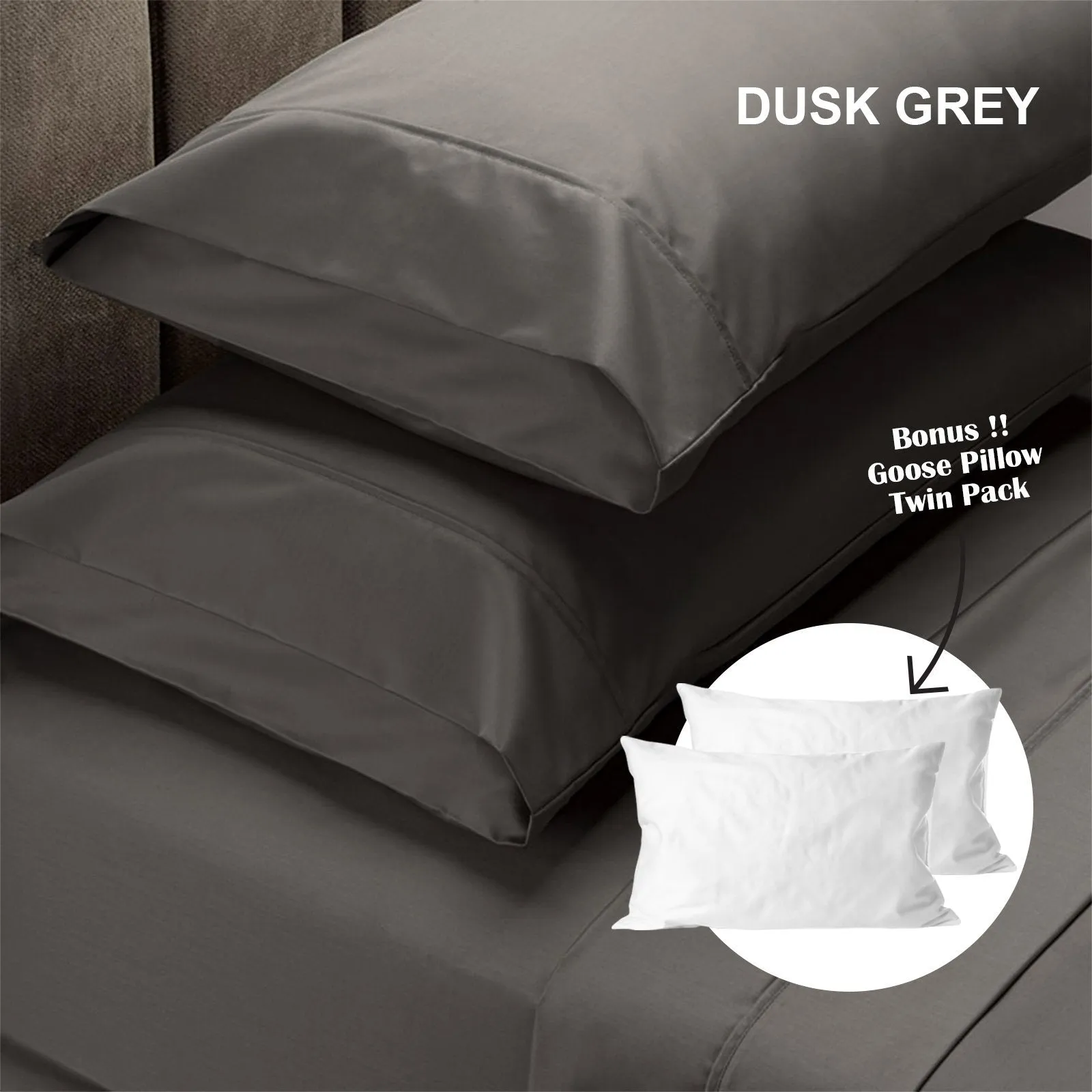 Royal Comfort 4 Piece 1500TC Sheet Set And Goose Feather Down Pillows 2 Pack Set Queen Dusk Grey