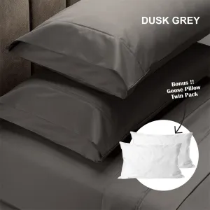 Royal Comfort 4 Piece 1500TC Sheet Set And Goose Feather Down Pillows 2 Pack Set Queen Dusk Grey