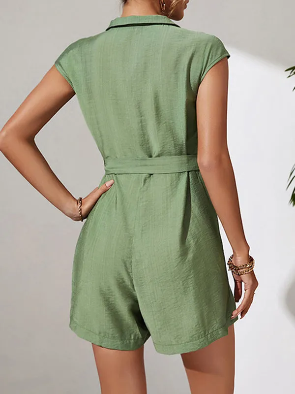 Short Sleeves Solid Color Zipper Lapel Collar Rompers