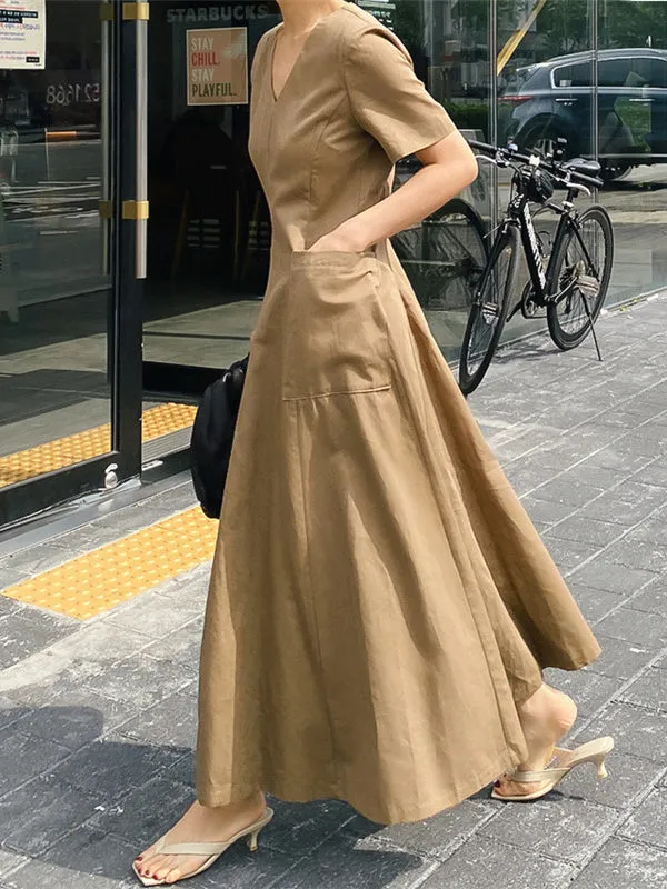 Simple Casual Solid Color Pleated Midi Dress