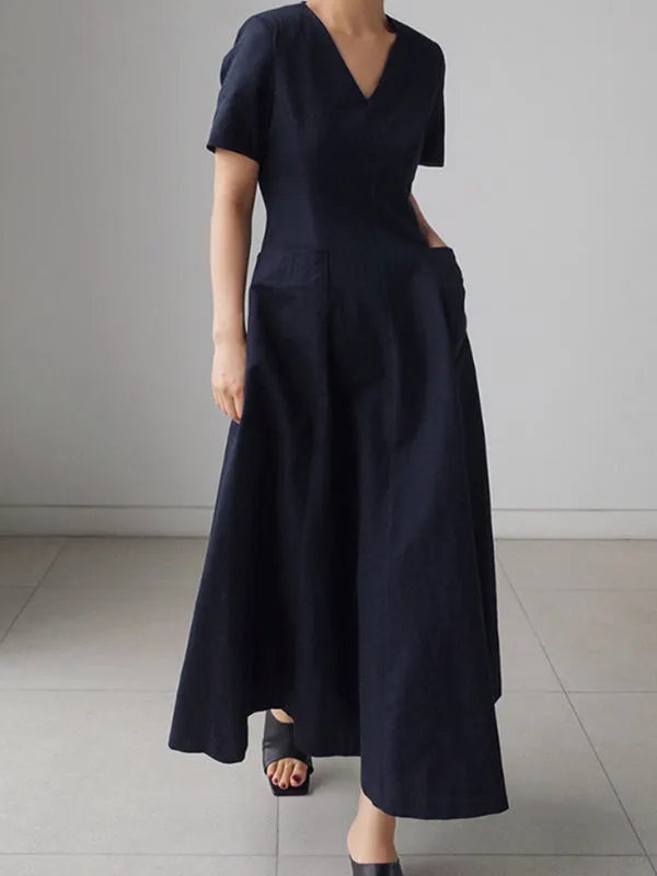 Simple Casual Solid Color Pleated Midi Dress