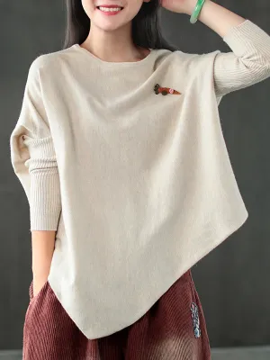 Simple Loose Long Sleeves Solid Color Round-Neck Sweater Tops