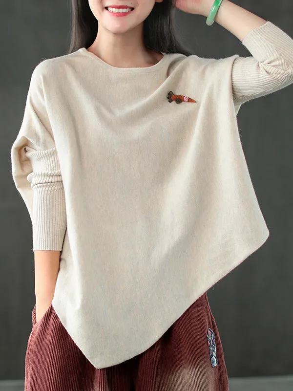 Simple Loose Long Sleeves Solid Color Round-Neck Sweater Tops