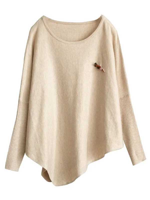 Simple Loose Long Sleeves Solid Color Round-Neck Sweater Tops