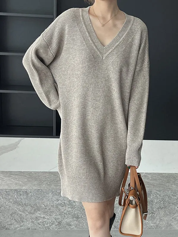 Simple Loose Long Sleeves Solid Color V-Neck Sweater Dresses