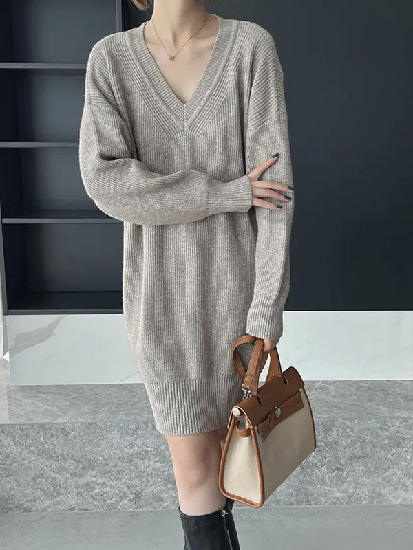 Simple Loose Long Sleeves Solid Color V-Neck Sweater Dresses