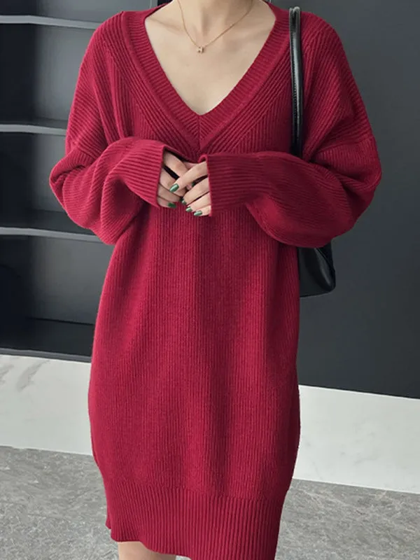 Simple Loose Long Sleeves Solid Color V-Neck Sweater Dresses