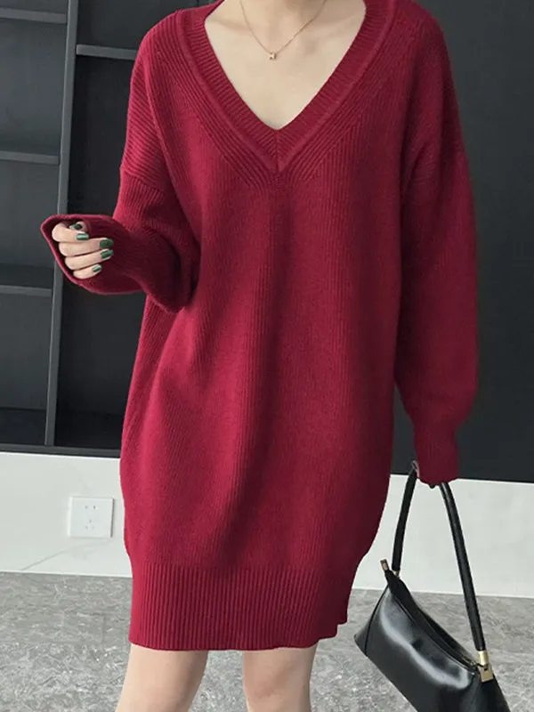 Simple Loose Long Sleeves Solid Color V-Neck Sweater Dresses