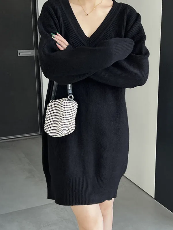 Simple Loose Long Sleeves Solid Color V-Neck Sweater Dresses