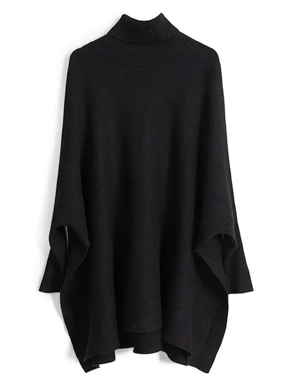 Simple Loose Solid Color High-Neck Batwing Sleeves Sweater