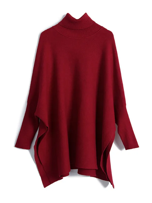 Simple Loose Solid Color High-Neck Batwing Sleeves Sweater