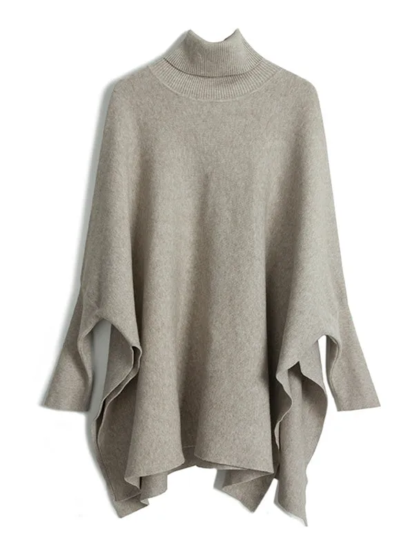 Simple Loose Solid Color High-Neck Batwing Sleeves Sweater