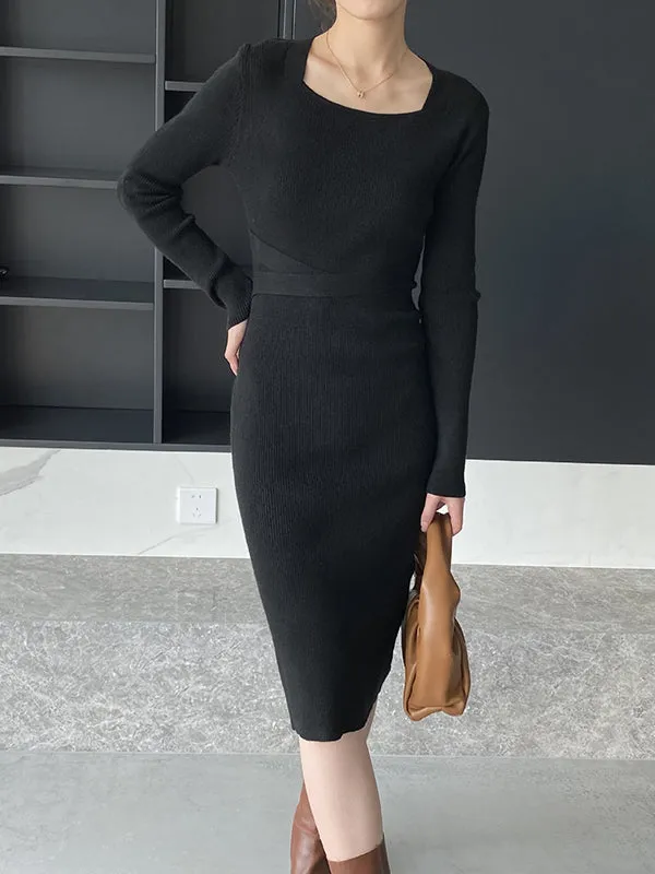 Simple Skinny Long Sleeves Solid Color Square-Neck Sweater Dresses