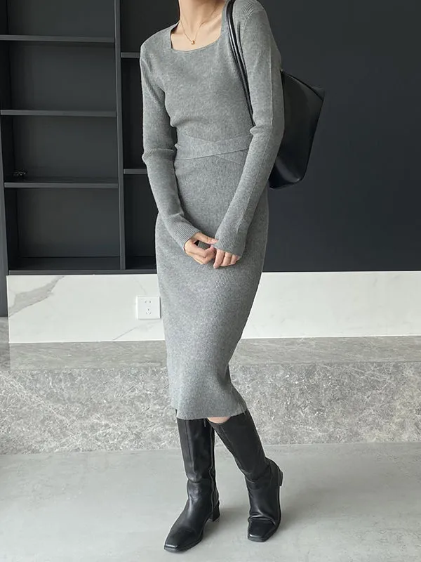 Simple Skinny Long Sleeves Solid Color Square-Neck Sweater Dresses