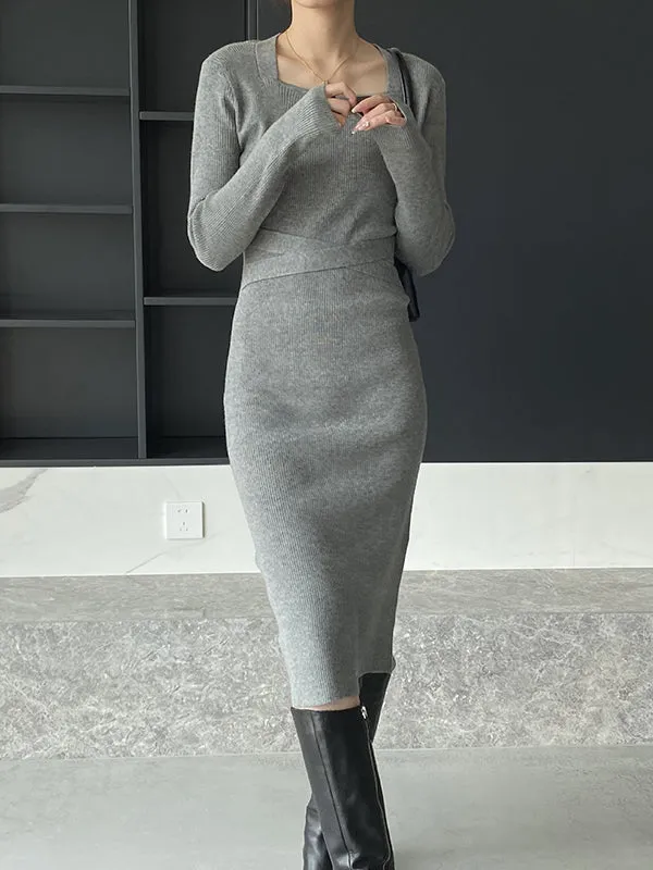 Simple Skinny Long Sleeves Solid Color Square-Neck Sweater Dresses