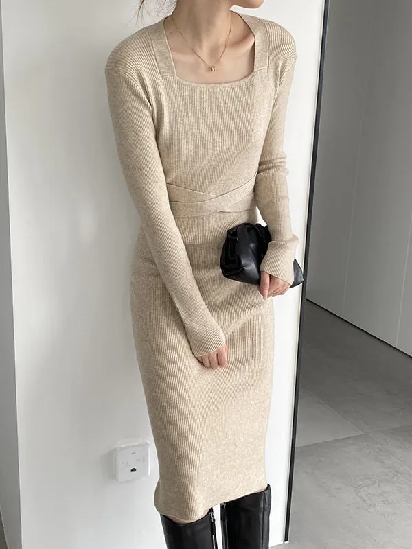 Simple Skinny Long Sleeves Solid Color Square-Neck Sweater Dresses