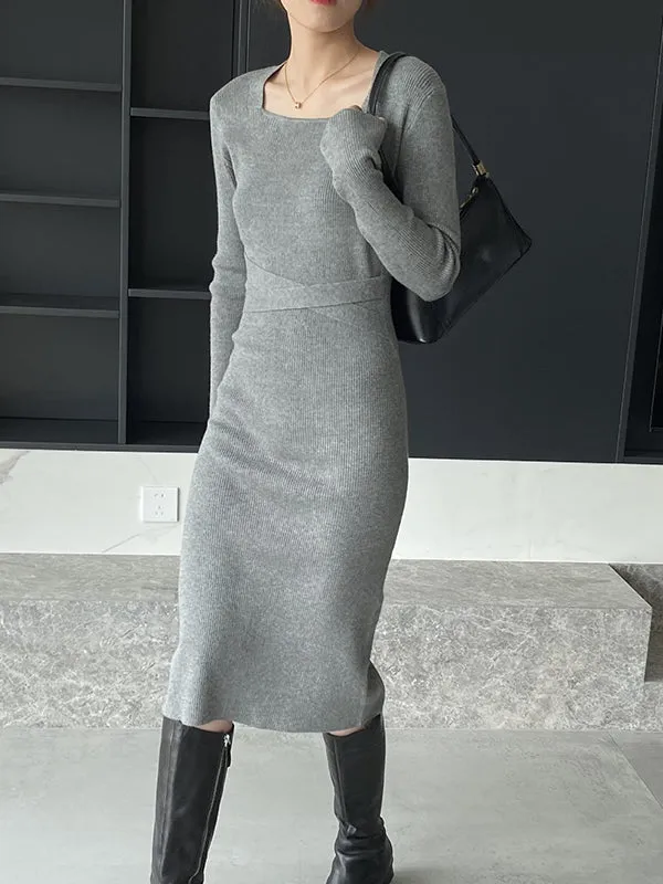 Simple Skinny Long Sleeves Solid Color Square-Neck Sweater Dresses