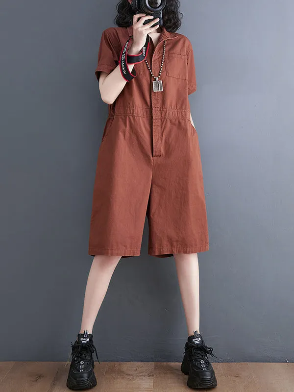 Simple Solid Color Lapel Short Sleeve Jumpsuits