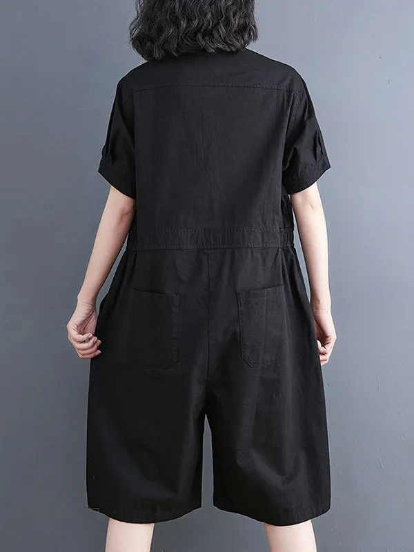 Simple Solid Color Lapel Short Sleeve Jumpsuits