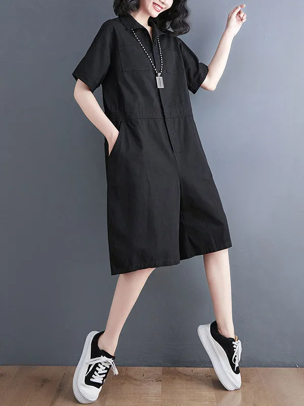 Simple Solid Color Lapel Short Sleeve Jumpsuits