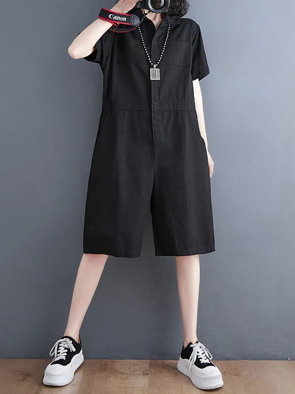 Simple Solid Color Lapel Short Sleeve Jumpsuits