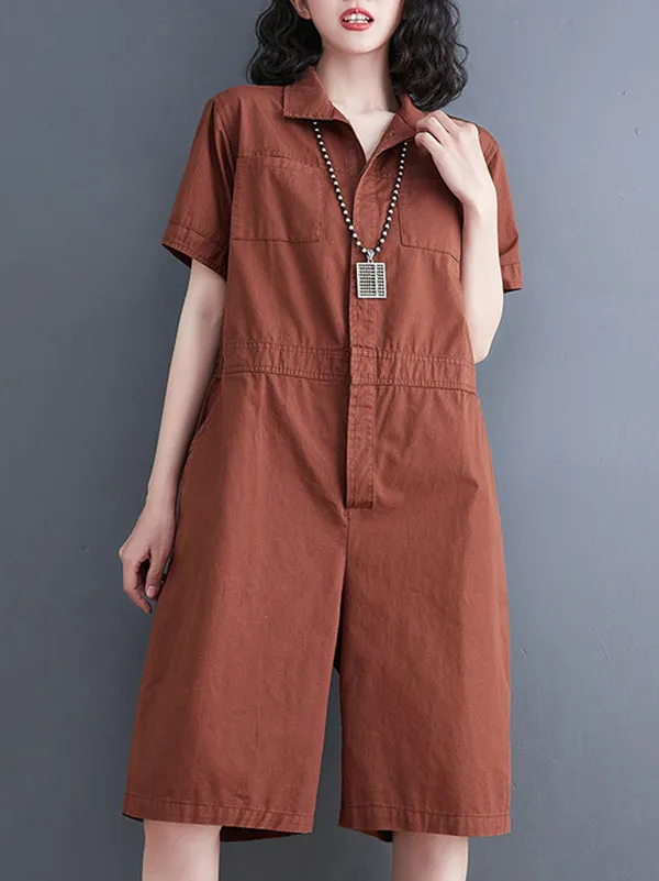 Simple Solid Color Lapel Short Sleeve Jumpsuits