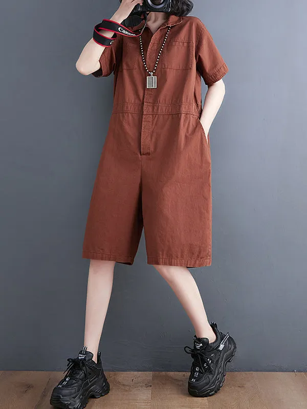 Simple Solid Color Lapel Short Sleeve Jumpsuits