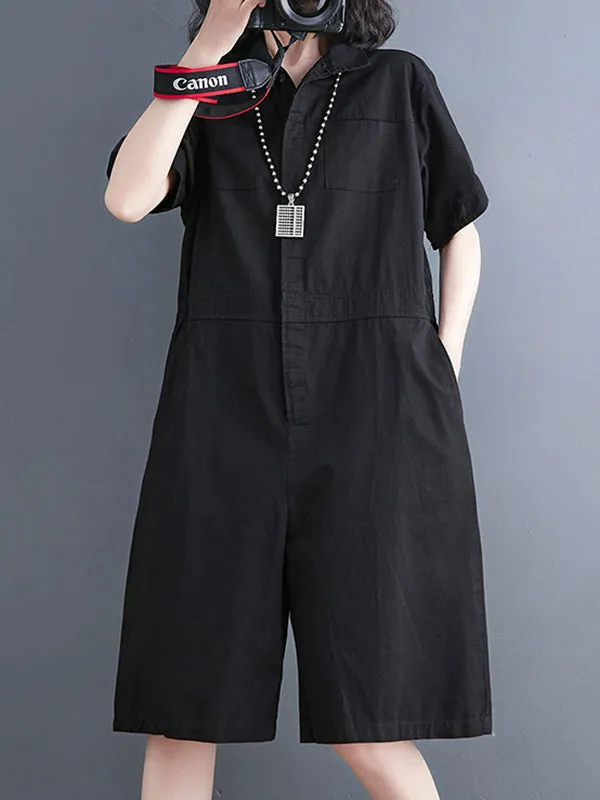 Simple Solid Color Lapel Short Sleeve Jumpsuits