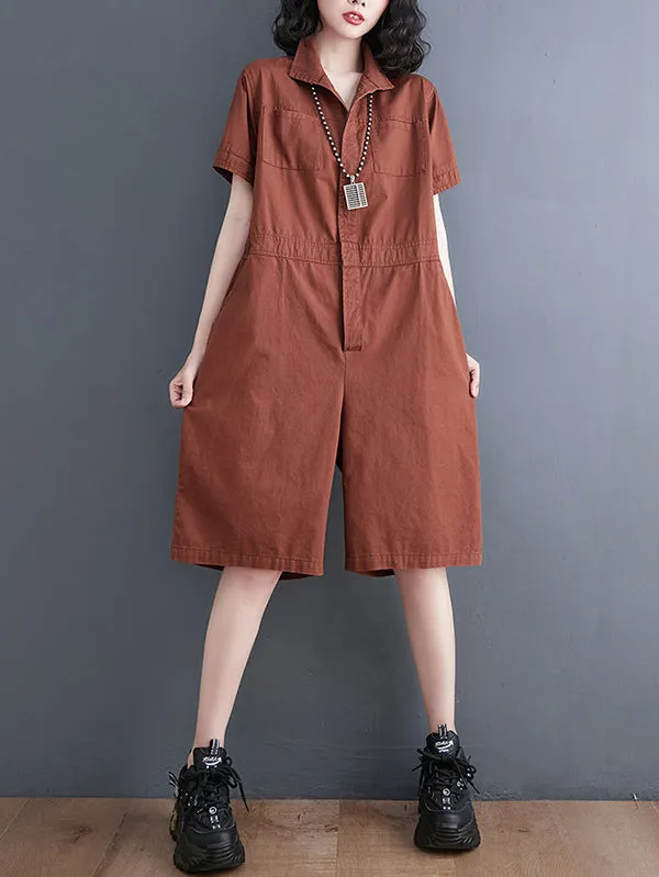 Simple Solid Color Lapel Short Sleeve Jumpsuits