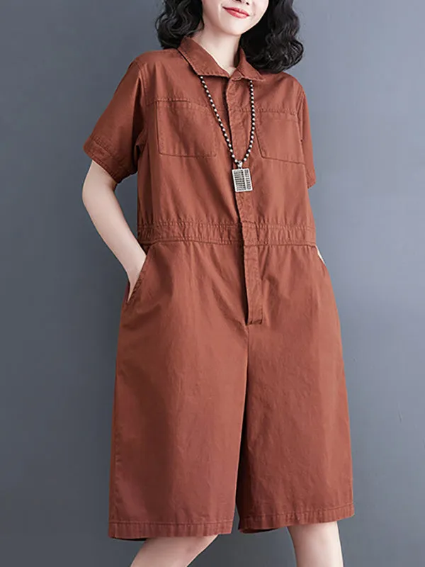 Simple Solid Color Lapel Short Sleeve Jumpsuits