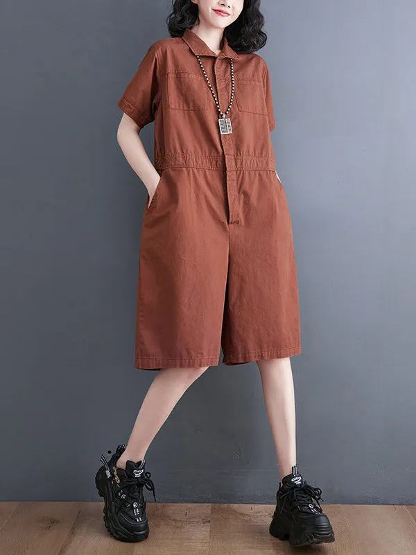 Simple Solid Color Lapel Short Sleeve Jumpsuits