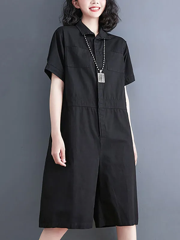 Simple Solid Color Lapel Short Sleeve Jumpsuits