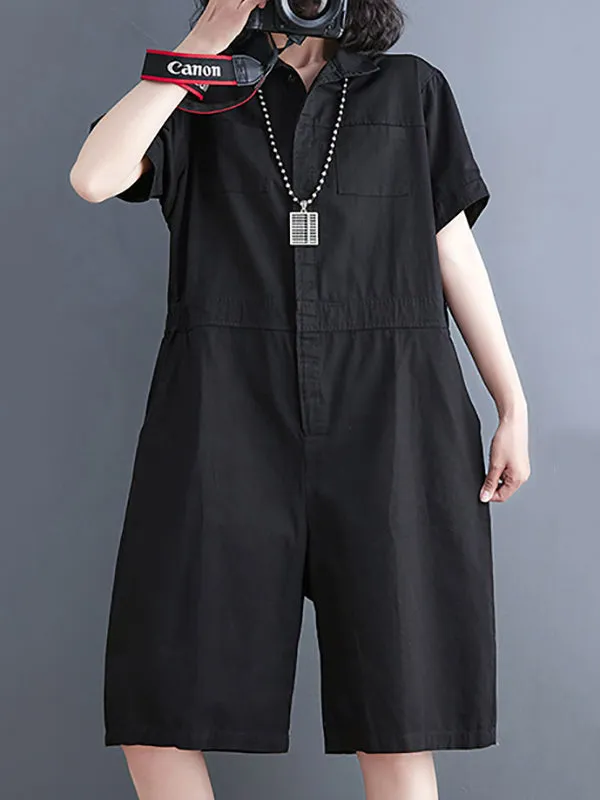 Simple Solid Color Lapel Short Sleeve Jumpsuits