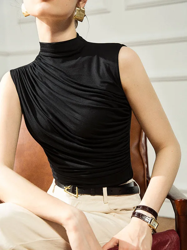 Simple Solid Color Pleated Stand Collar Sleeveless Vest Top