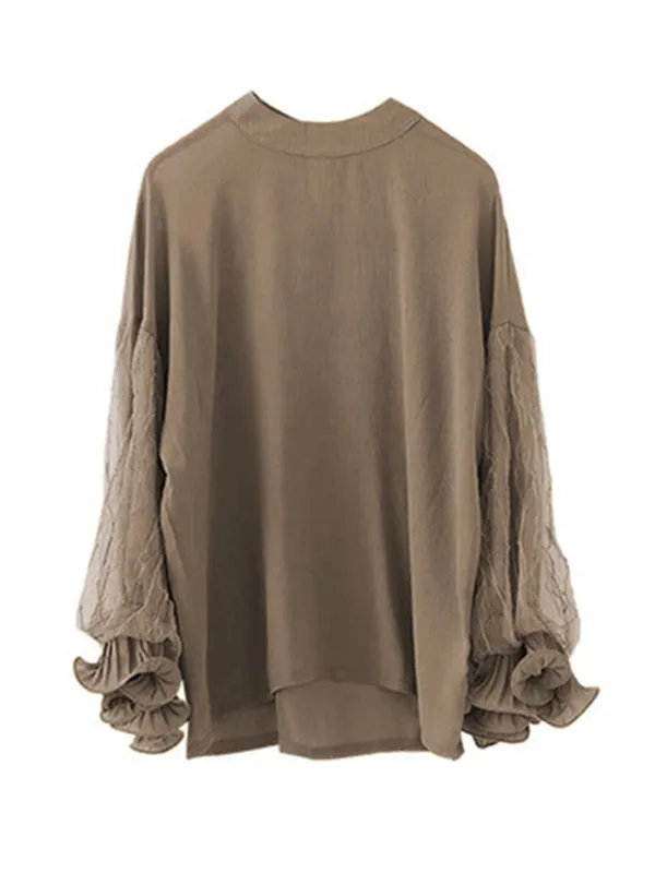 Simple Solid Color Puff Sleeve Mesh Splicing Chiffon Shirt