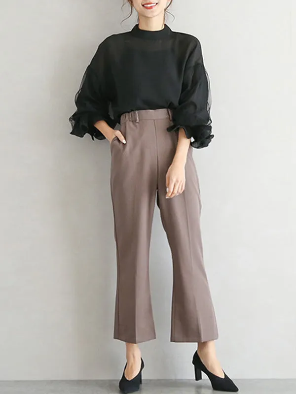 Simple Solid Color Puff Sleeve Mesh Splicing Chiffon Shirt