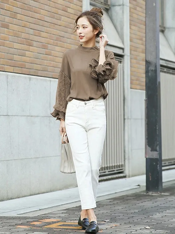 Simple Solid Color Puff Sleeve Mesh Splicing Chiffon Shirt