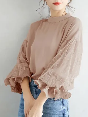 Simple Solid Color Puff Sleeve Mesh Splicing Chiffon Shirt