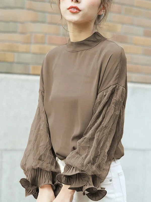 Simple Solid Color Puff Sleeve Mesh Splicing Chiffon Shirt