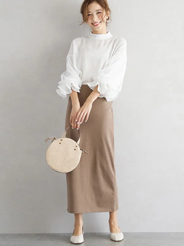 Simple Solid Color Puff Sleeve Mesh Splicing Chiffon Shirt