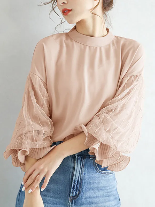 Simple Solid Color Puff Sleeve Mesh Splicing Chiffon Shirt