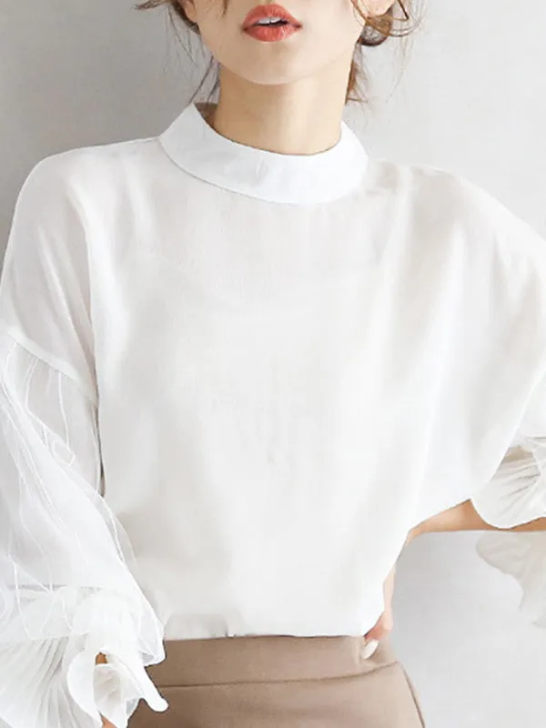 Simple Solid Color Puff Sleeve Mesh Splicing Chiffon Shirt