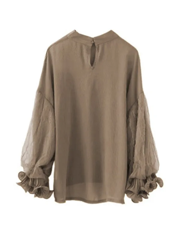 Simple Solid Color Puff Sleeve Mesh Splicing Chiffon Shirt