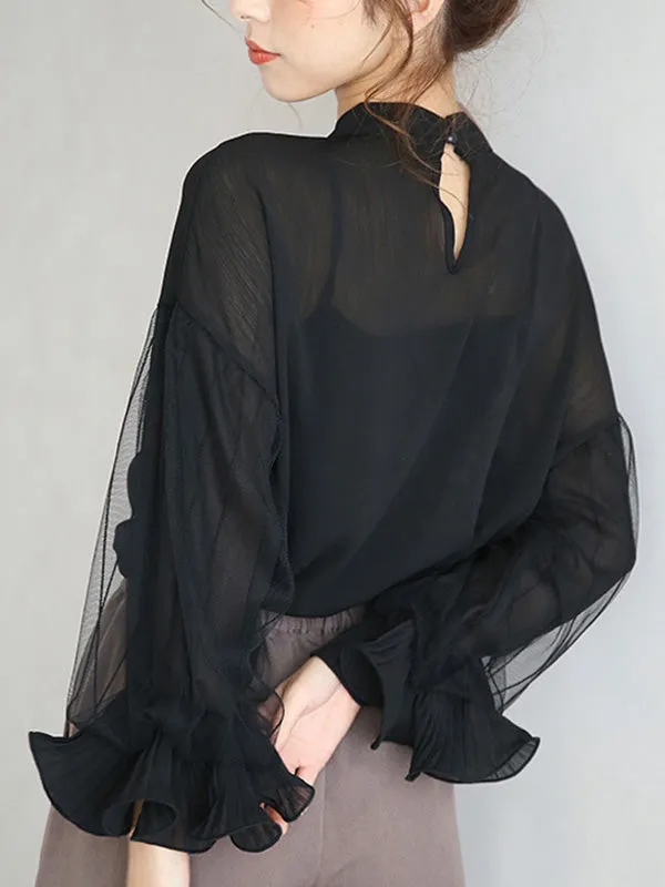 Simple Solid Color Puff Sleeve Mesh Splicing Chiffon Shirt