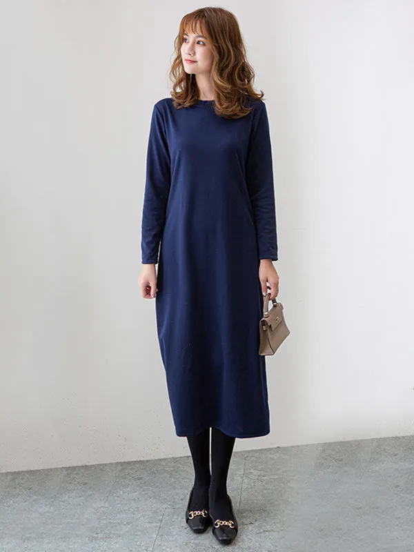 Simple Solid Color Round-Neck A-Line Midi Dress