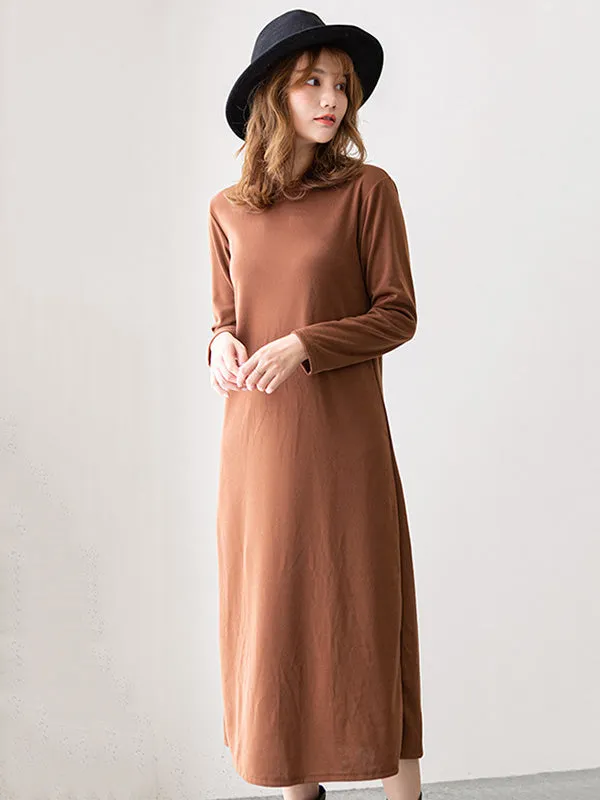 Simple Solid Color Round-Neck A-Line Midi Dress