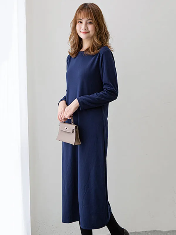 Simple Solid Color Round-Neck A-Line Midi Dress