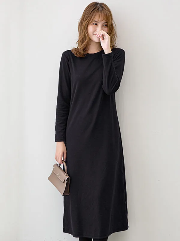 Simple Solid Color Round-Neck A-Line Midi Dress