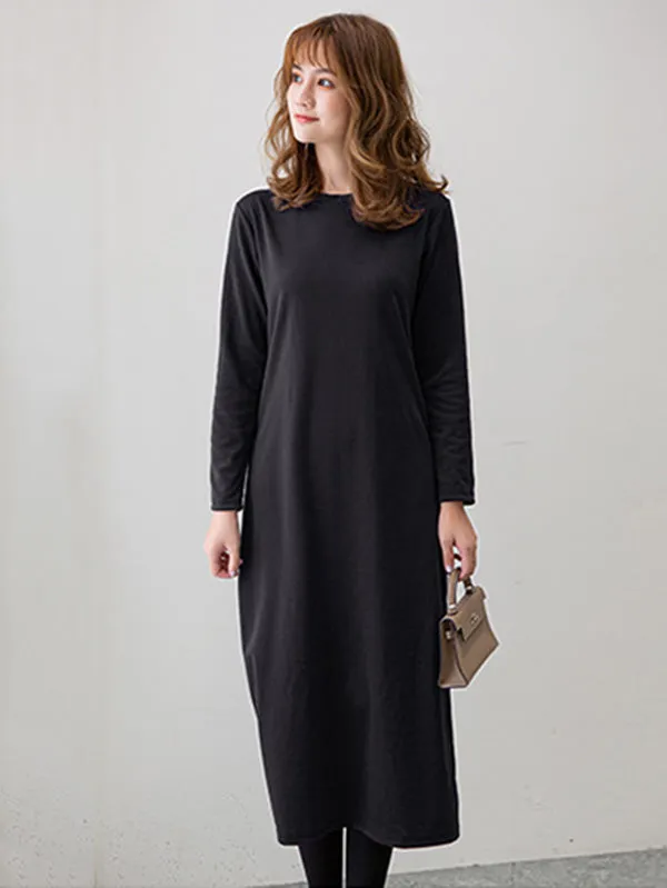 Simple Solid Color Round-Neck A-Line Midi Dress