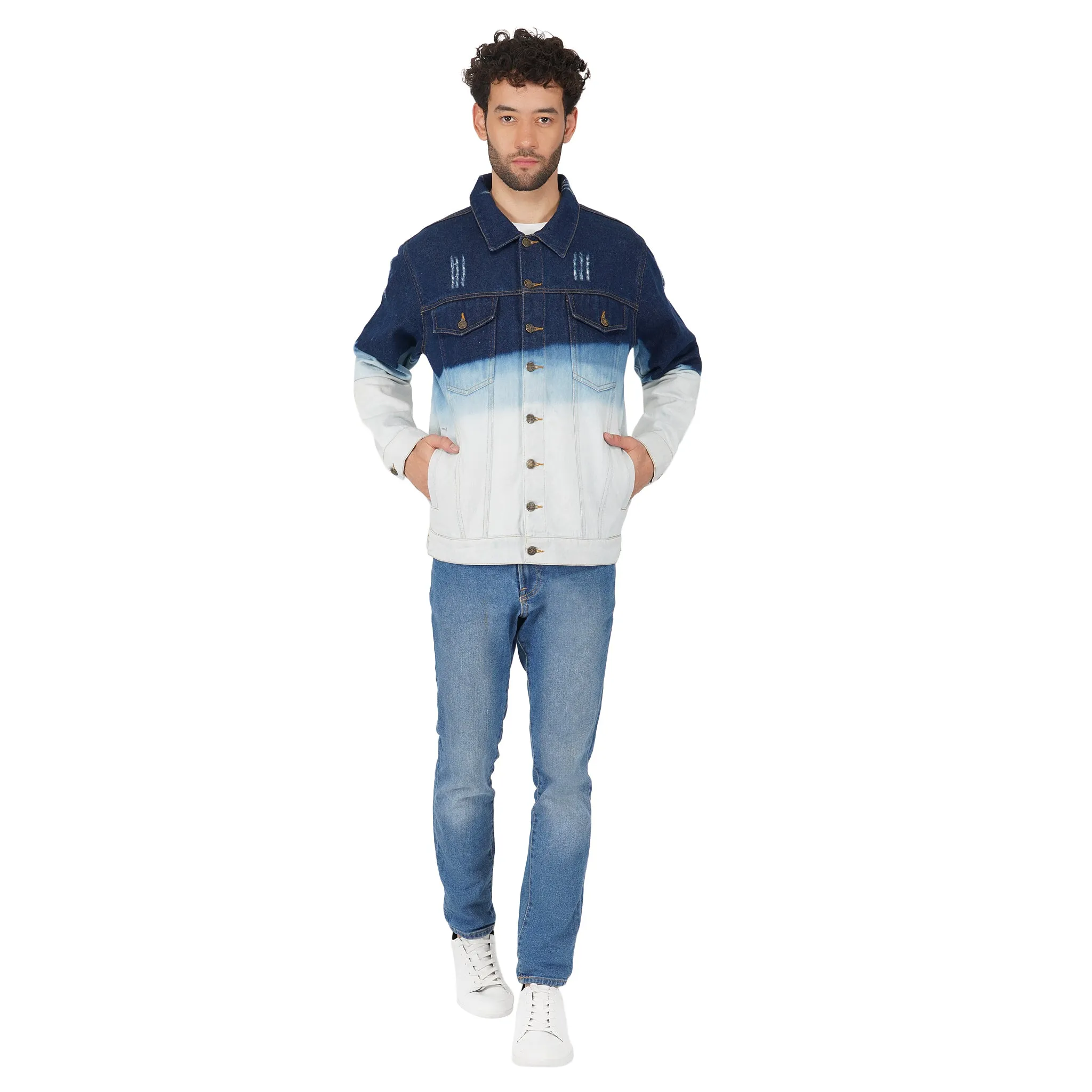 SLAY. Men's Full Sleeves Ombre Effect Solid Button-Down Ripped Denim Jacket